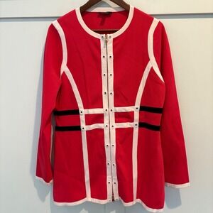 CARLISLE Lady Jacket Large Red Cream Black Cardigan Sweater Knitwear Luxury